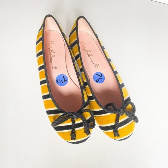 NEW Pretty Ballerinas Striped Yellow Black Round toe Velvet Ballet  Flats 37.5 - Picture 2 of 9